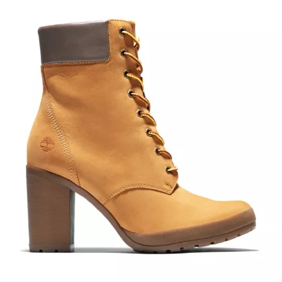 Timberland Tillston chunky 3" heel lace up boots nubuck wheat EUC